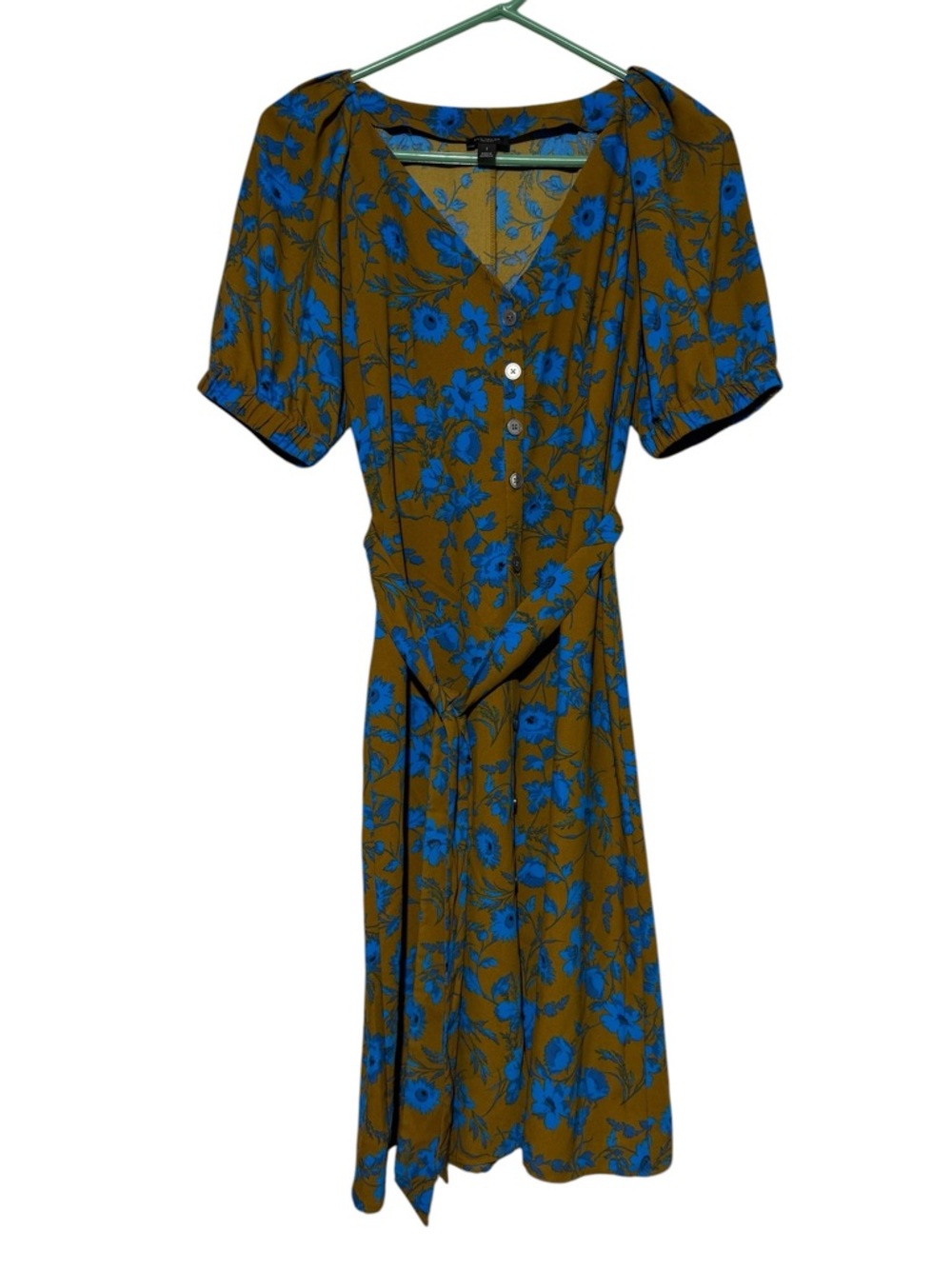 Ann Taylor Olive Green Blue Floral Midi Dress Size 2 Modest Puff Sleeve Button